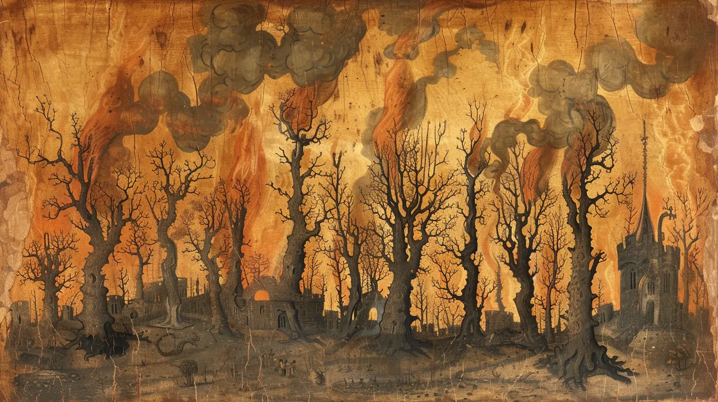 Paysage apocalyptique avec arbres calcinés et ciel rempli de fumée.