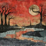 Paysage apocalyptique: terre craquelée, ciel rouge, arbres mourants, figures désespérées.