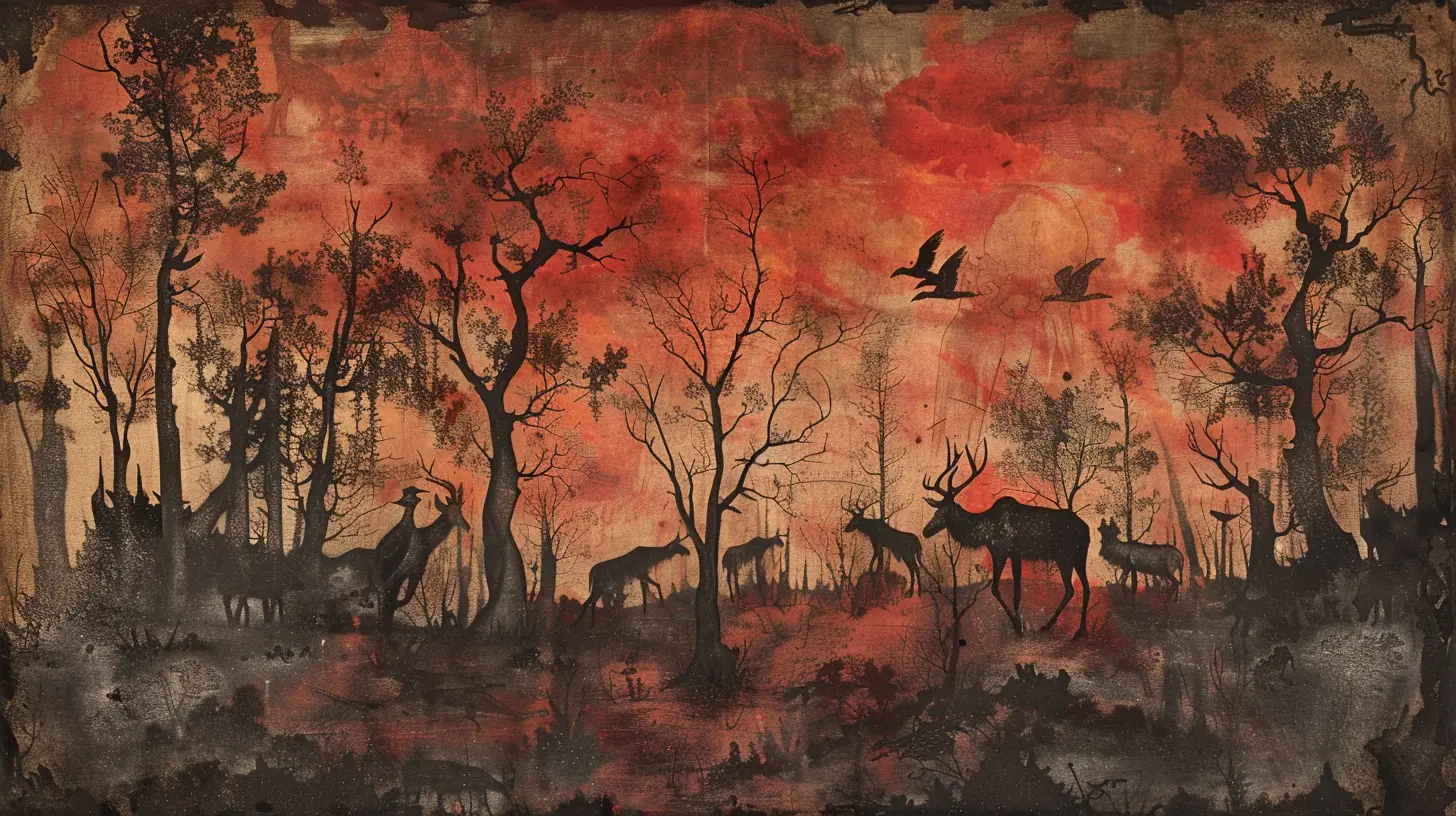 Paysage désolé, ciel rouge, arbres squelettiques, animaux fantomatiques.