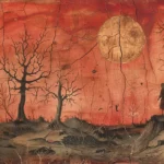 Paysage désolé avec ciel rouge, terre craquelée, forêt morte.