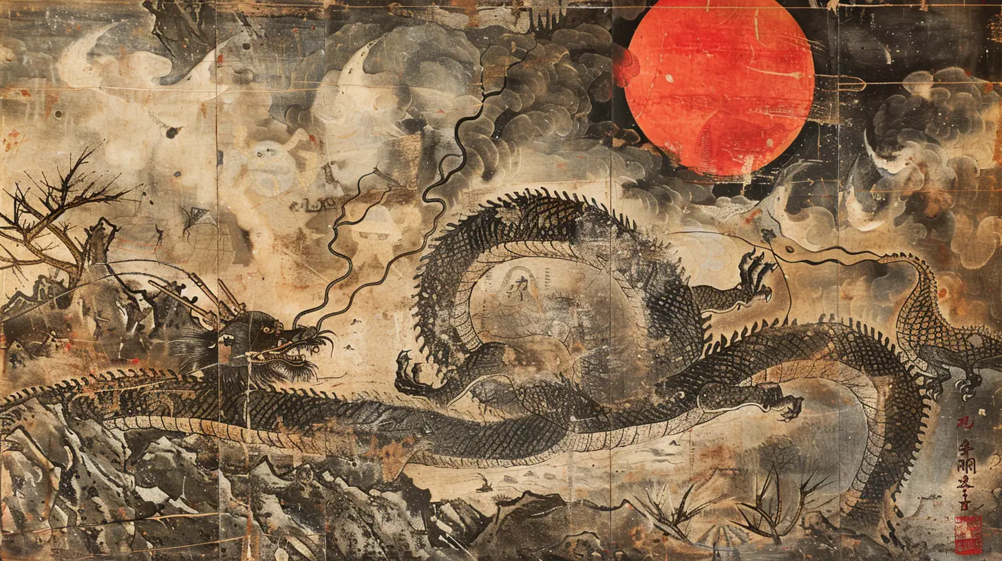 Dragon et tigre en combat sous une lune rouge sang.