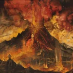 Éruption volcanique avec lave, ciel sombre et symboles anciens.