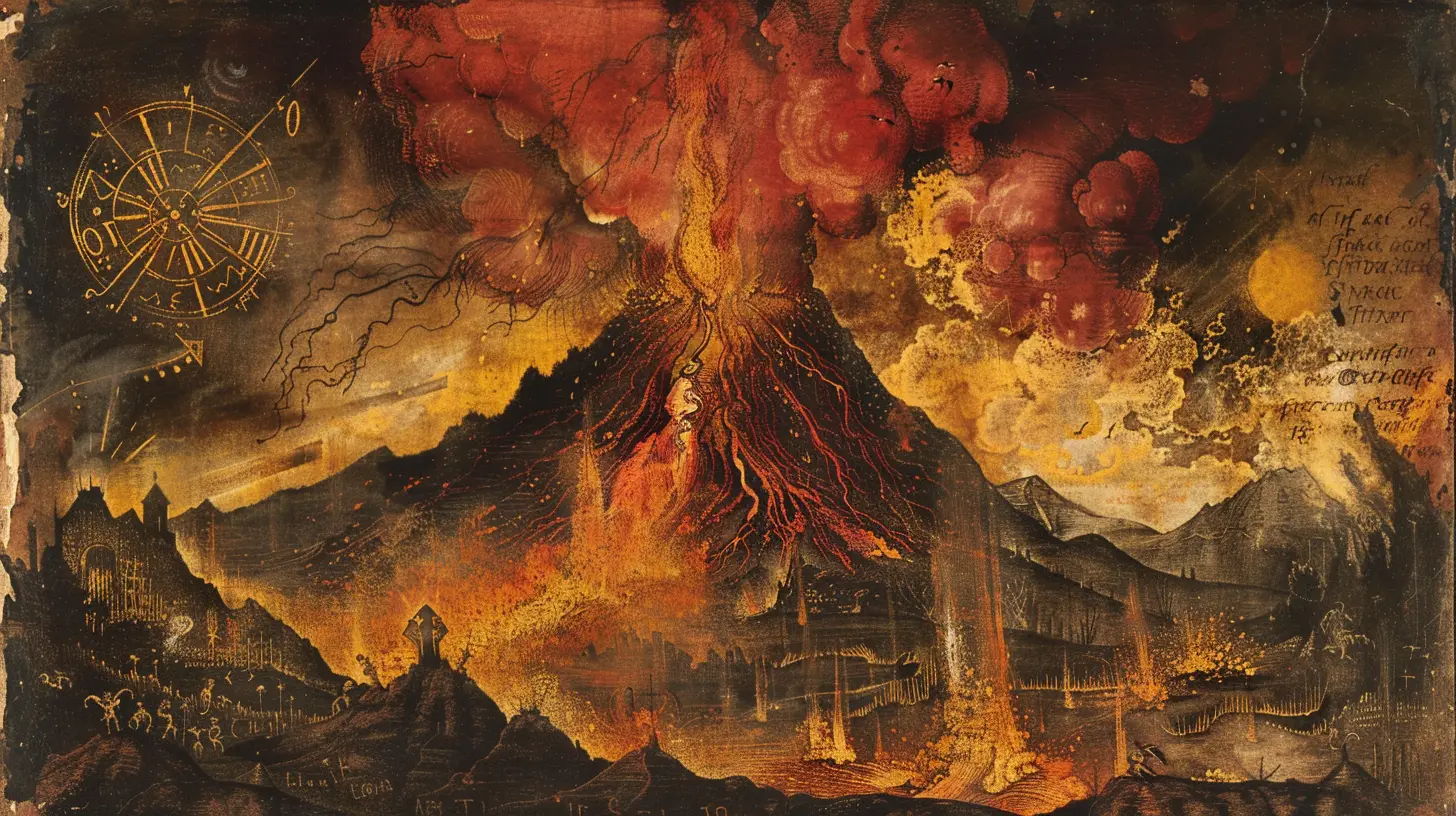 Éruption volcanique avec lave, ciel sombre et symboles anciens.