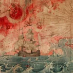 Mer agitée sous ciel rouge, navires fantômes en collision.