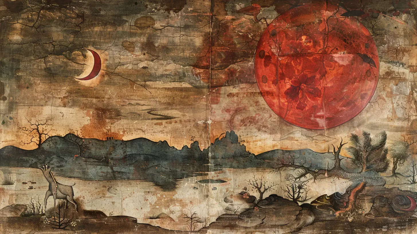 Paysage apocalyptique avec ciel rouge, débris et nuages toxiques.