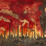 Usine en feu sous ciel rouge, fumée et destruction apocalyptique.