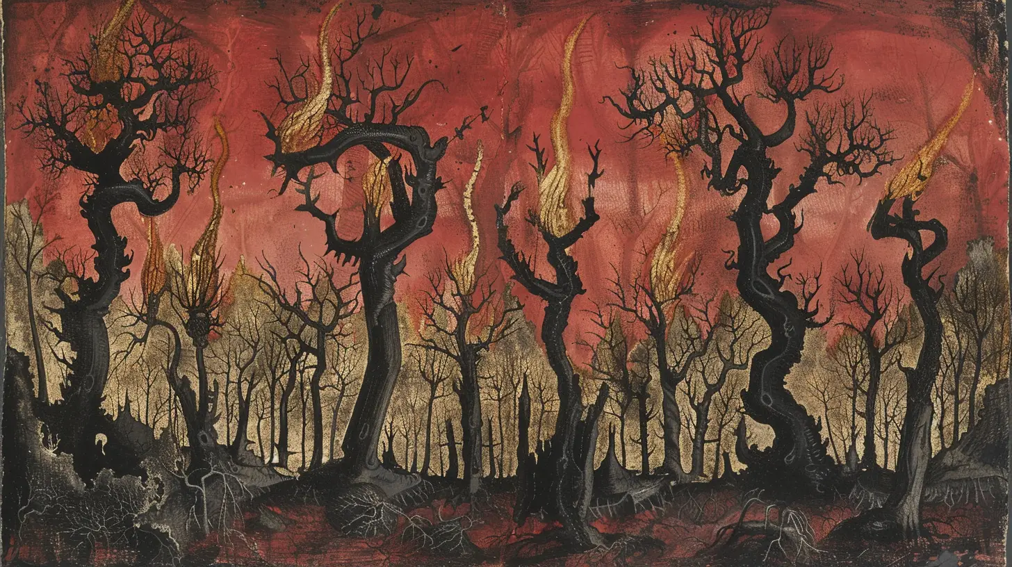 Ciel rouge, forêt brûlée, arbres noirs, flammes dansantes, ombres spectrales.