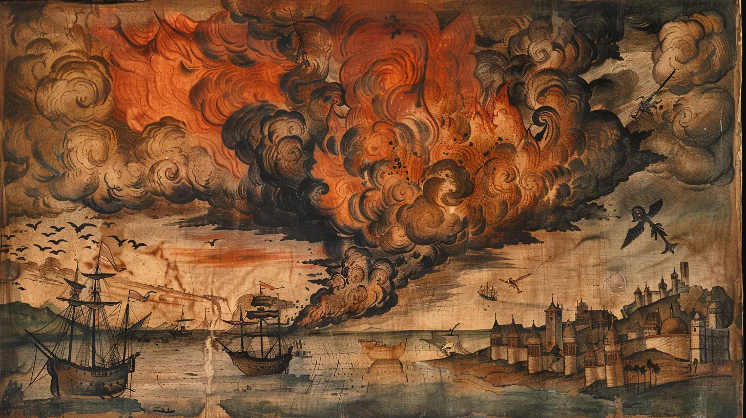 Ciel en feu, port serein, navires en fumée, avions attaquent.