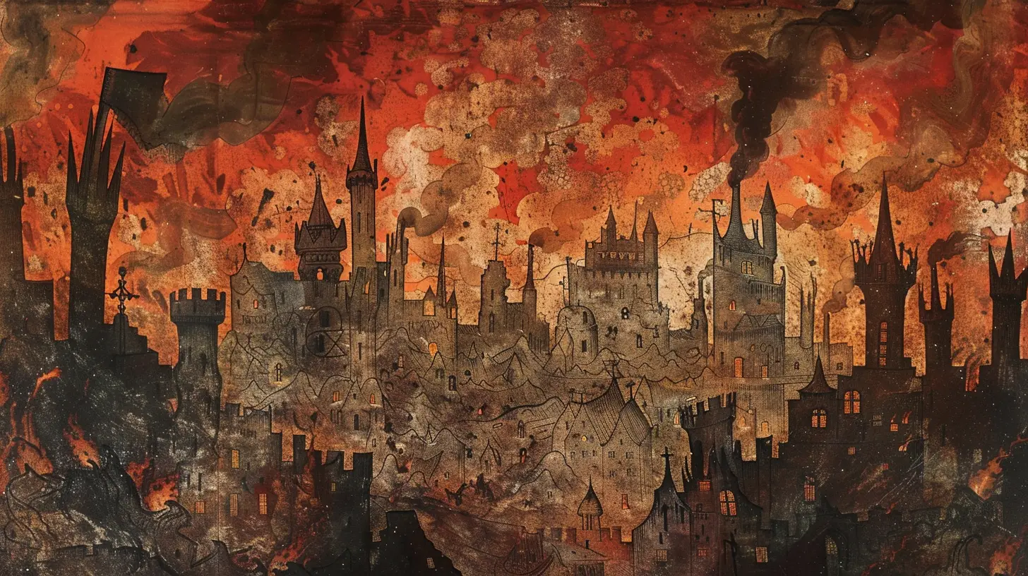 Ville en ruines sous ciel rouge, figures sombres en conflit.