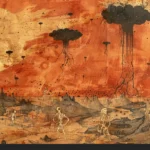 Paysage apocalyptique avec ciel rouge, villes en ruines, figures fantomatiques.