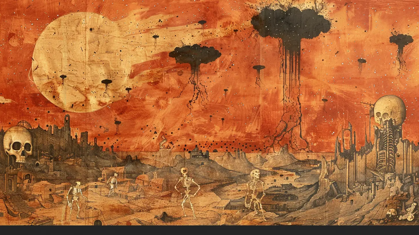 Paysage apocalyptique avec ciel rouge, villes en ruines, figures fantomatiques.