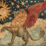 Lion couronné et aigle dansant sous une éclipse étoilée.