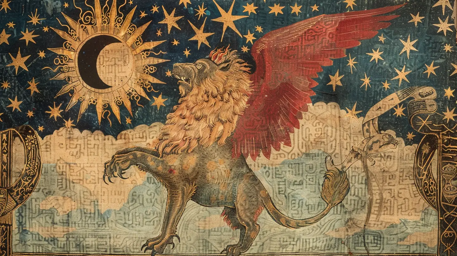 Lion couronné et aigle dansant sous une éclipse étoilée.