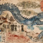 Dragon céleste autour d'un palais, leaders asiatiques sur carte fracturée.