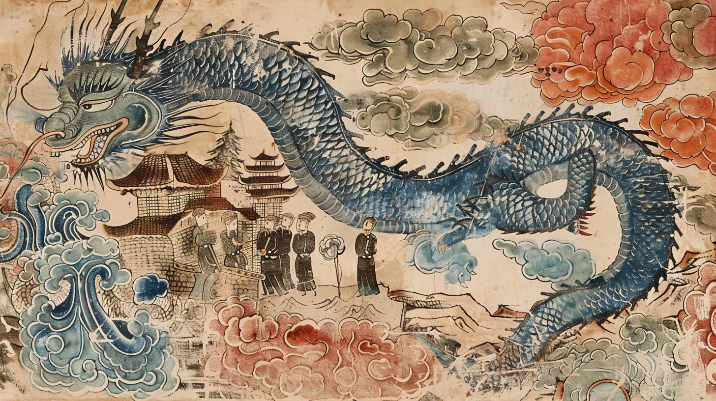 Dragon céleste autour d'un palais, leaders asiatiques sur carte fracturée.