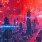 Skyline futuriste avec villes intelligentes, drones et hologrammes.