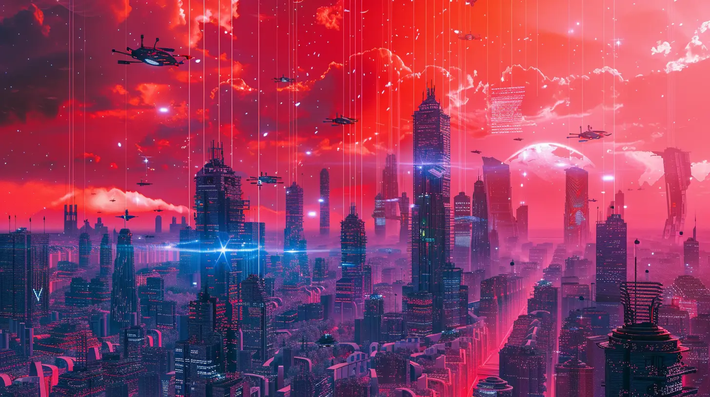 Skyline futuriste avec villes intelligentes, drones et hologrammes.