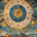 Horloge céleste, pièces d'or et données numériques sur ville animée.