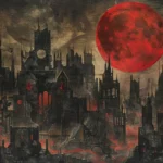 Paysage nocturne apocalyptique avec lune rouge et chaos financier.