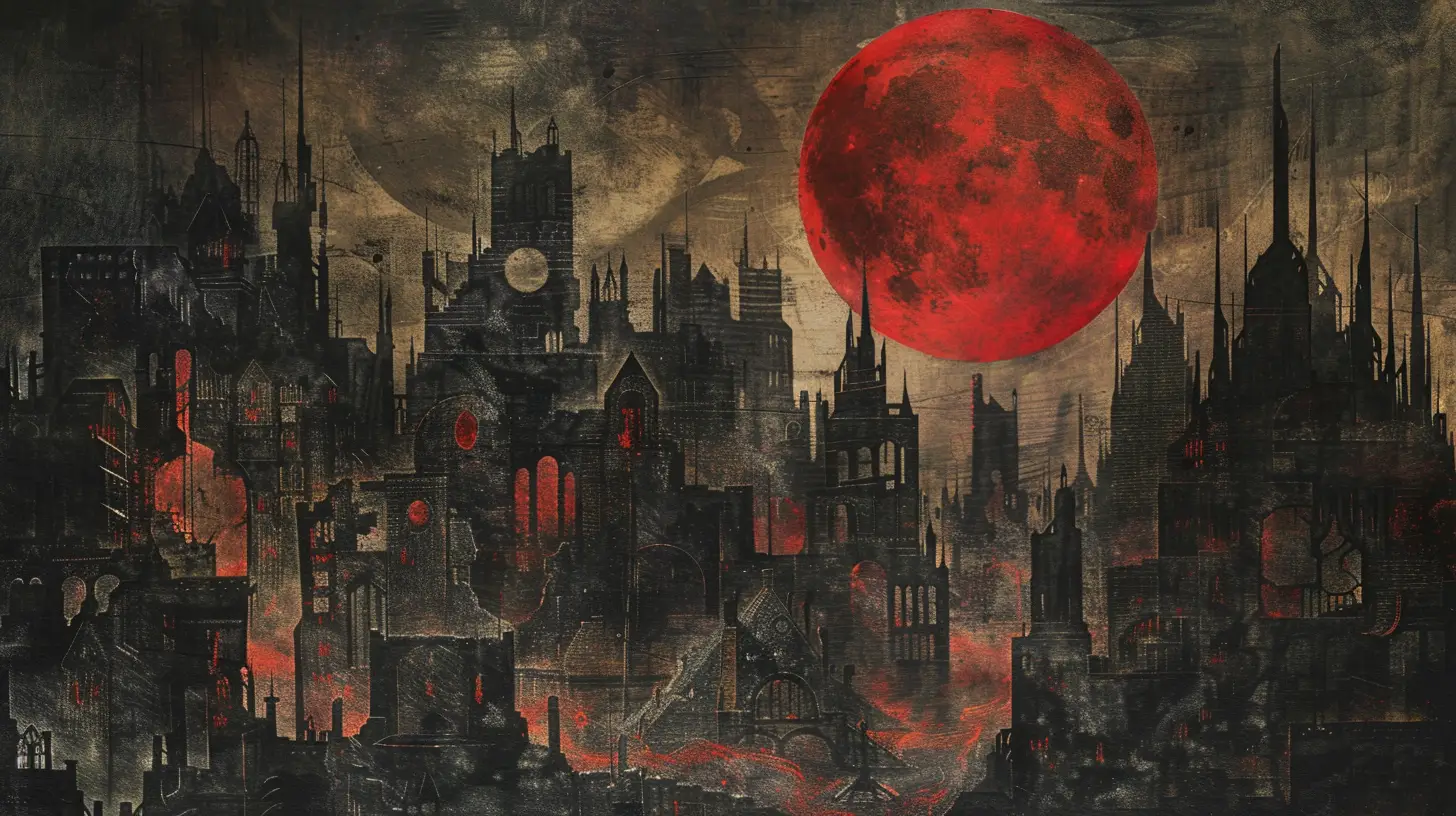 Paysage nocturne apocalyptique avec lune rouge et chaos financier.